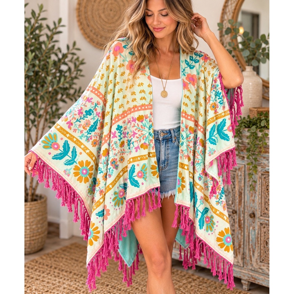 Natural Life Floral Kimono Wrap Shawl OS Cotton Terry Pink Fringe Boho Festival
